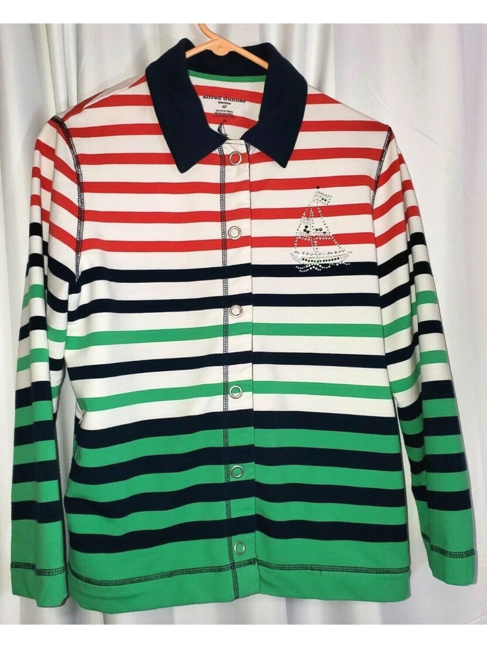 Alfred Dunner striped nautical snap-front jacket in red, green, and white